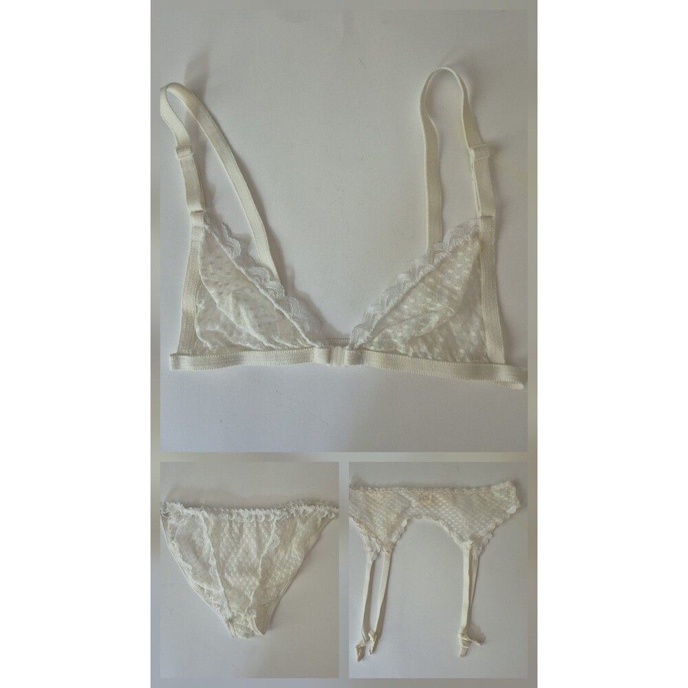 Carnival Creations White Sheer Dots SZ 34 Bralette Medium Panty Garter Belt Set